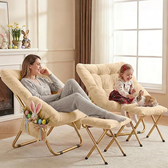 Comfy Saucer Chair Foldable Living Room Chairs Soft Faux Fur Lounge Chair for Bedroom Reading Chairs for Adults Teens X-Large (Beige)