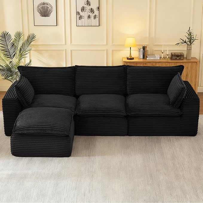110 Inch Modular Sectional Sofa - Cloud Sectional Couch with OttomanCorduroy Boneless Couches with Deep SeatModern Sponge Compressed Couches for Living Room (White 4 Seat -L Shape Couch)
