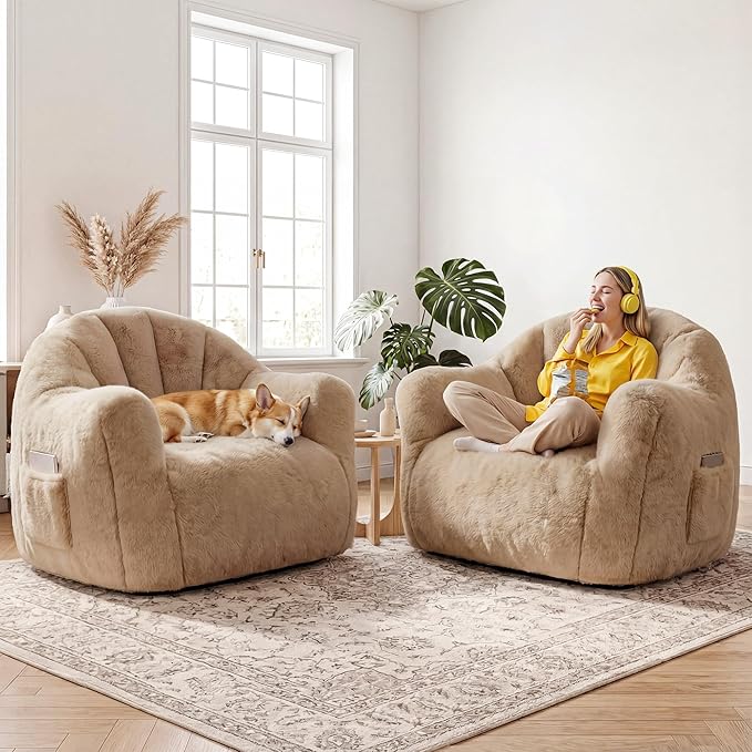 Bean Bag Chair Giant Bean Bag Chair for Adults Shell-Shaped Bean Bag Couch with Armrests &amp Side Pockets Comfy Beanbag Lazy Couch Reading Chair for Bedroom Living Room Khaki