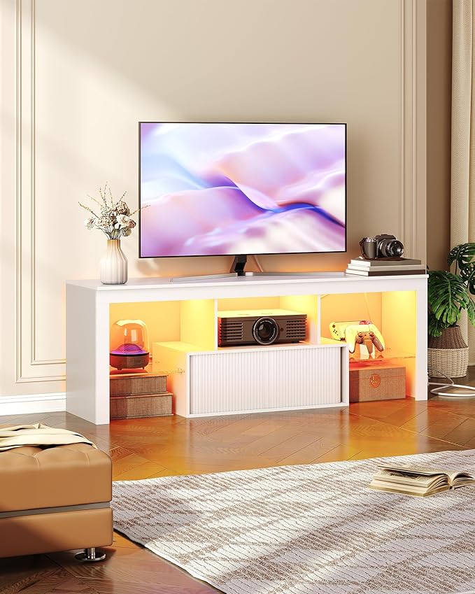 TV Stand with Power Outlet Modern TV Cabinet for 55 60 inch TVs Media TV Console with LED Light Strip Media Entertainment Center with Storage for Living Room Bedroom White MDS02UDWB