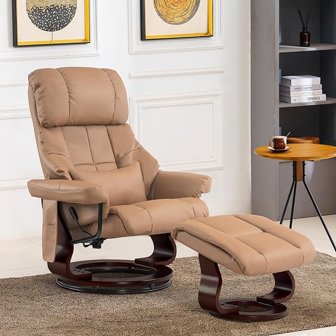 MCombo Manual Swivel Recliner with Ottoman Reclining Chair with Vibration Massage for Small Spaces Living Room Office Faux Leather 9068 (Cognac)
