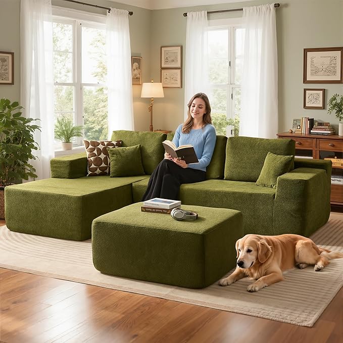 104 L-Shape Modular Sectional Sofa CouchComfy Upholstered Cloud Couch for Living RoomModern Minimalist CouchesDeep SeatNo Assembly Required (GreenCloud Velvet Left Facing Chaise w/Ottoman)