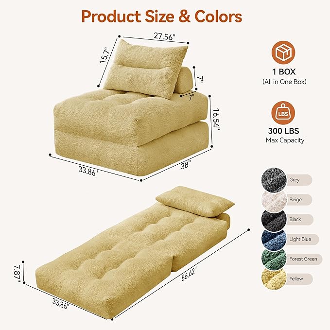 Folding Sofa Bed Fold Out Chair Bed with Pillow Convertible Sleeper Chair for Living Room/Small Spaces Foldable Lazy Sofa Bed Floor Chair Comfy Teddy Velvet Couch Bed Yellow