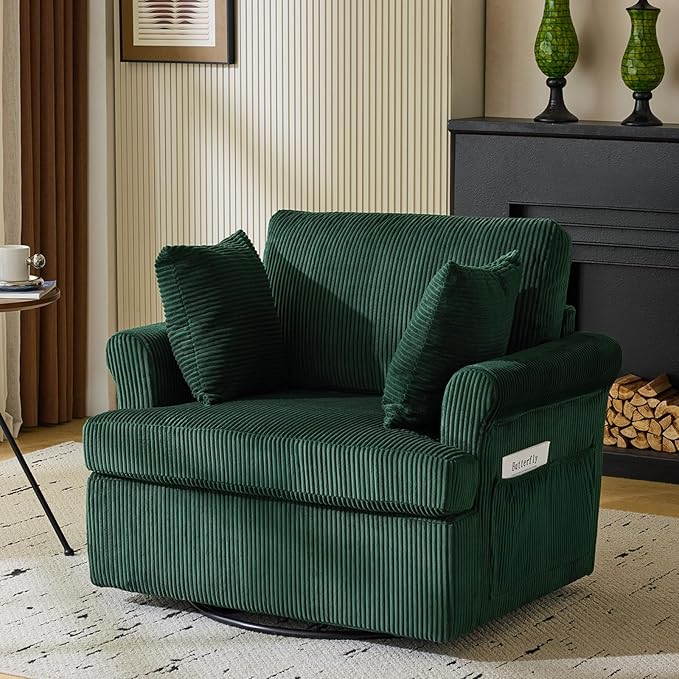 Karl home 39 Swivel Accent ChairOversized Seat Armchair W/2 Pillows and 4 PocketsModern Upholstered Corduroy Barrel ChairsComfy Single Sofa for Living RoomReadingBedroom and Office-Dark Green