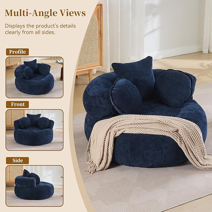 Round Oversized Chair Floor Sofa Chair Chenille Compressed Circle Chaise Lounge No Assembly Boneless Barrel Chair Lazy Bean Bag Couch Accent Chair for Living Room Bedroom DormNavy