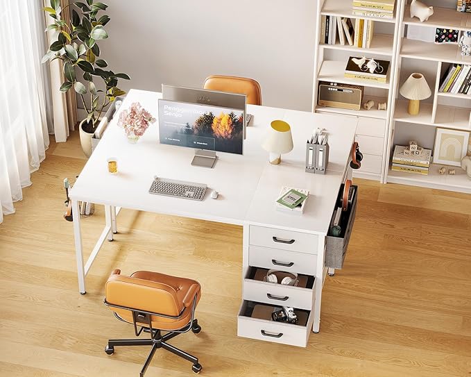 Casaottima 48-Inch Computer Desk with 4 Fabric Drawers — Home Office Desks with Storage Writing Desk with Side Hook and Cloth Bag Modern Study/Work Table for Bedroom and Small Space White