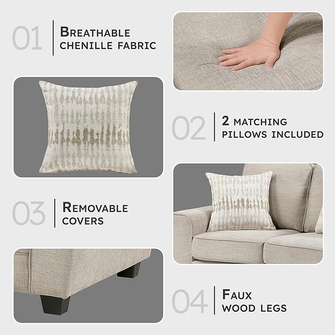 Lexicon Chenille Upholstered Loveseat Sofa with 2 Pillows Removable Cushion Covers Track Arms Reversible Back and Seat Cushions Comfy Love Seat Couches for Living Room/Office/Bedroom Taupe