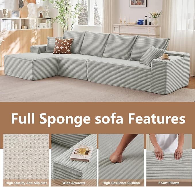 140 Modular Sectional Sofa Modern Corduroy Cloud Couch with Deep Seat Boneless Couch Upholstered 4-Seater L-Shaped Sofa for Living Room No Assembly Required (Grey 1 Ottoman)