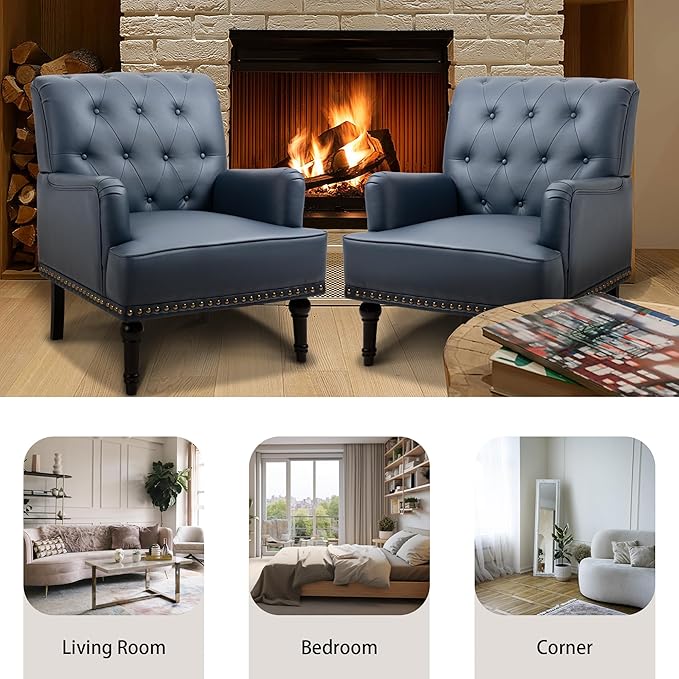 MOJAY PU Leather Accent Chair Mid-Century Armchair Living Room Sofa Chair with Rubber Wood Leg Club Chair with Rivet Trim for Bedroom Reading Room Reception (DarkBlue)