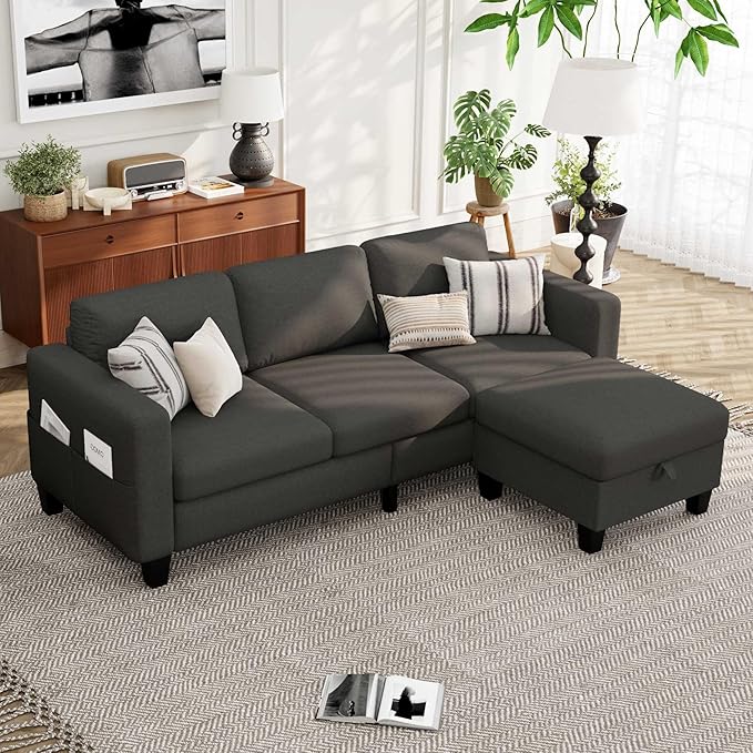 Small Sectional Sofa Couch L Shaped Sectional Grey Couch in a Box Small Couches with Ottoman 3 Seater Sofa for Living Room Apartment Dorm Office