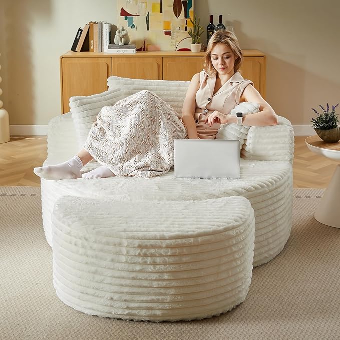 74.6 Oversized Round Chaise Lounge Chair with Ottoman Indoor Fluffy Upholstered Corduroy Deep Seat Large Boneless Circle Couch Sofa Chairs for Living Room Bedroom No Assembly Required White