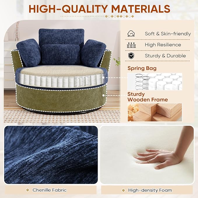 Oversized Swivel Accent Barrel Chair Set of 2 Chenille Upholstered Comfy Round Swivel Chair with Pillows 360 Degree Modern Lounge Reading Sofa Armchair for Nursery Living Room Bedroom(Navy Blue)