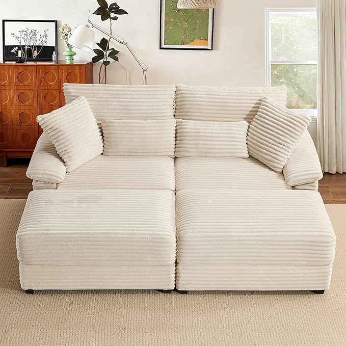 SUNWAVE 74 W Double Chaise Lounge Chair Indoor Oversized Loveseat with Storage Ottoman Corduroy Couch with USB Charging Removable Ottoman and Coffee Table Cushions for Living Room Bedroom