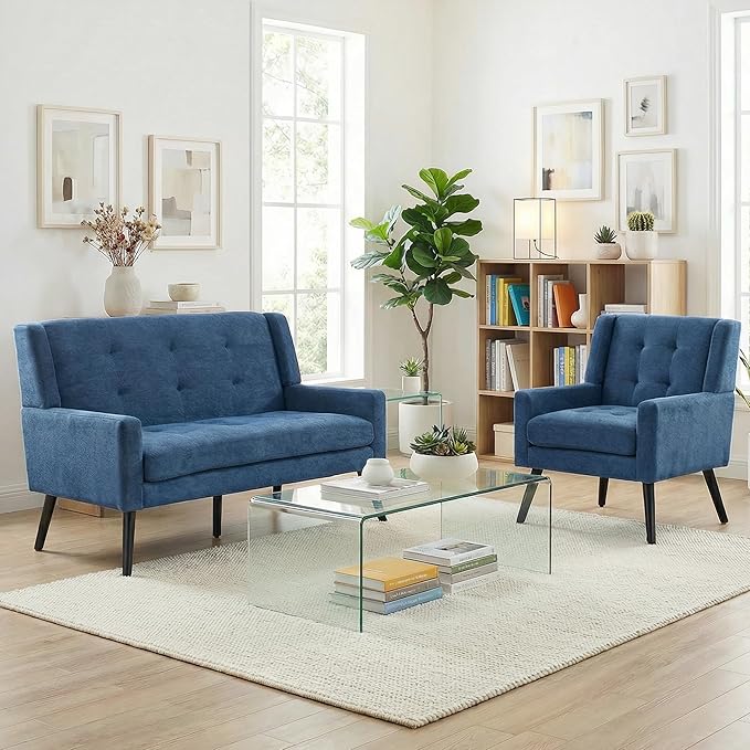 Mid-Century Modern 47 Small Loveseat &amp Accent Chair Combo Set Plush Linen Fabric with Button Tufted High Back &amp Solid Wood Legs for Apartment Living Room Bedroom Home Office (Blue 2-Piec