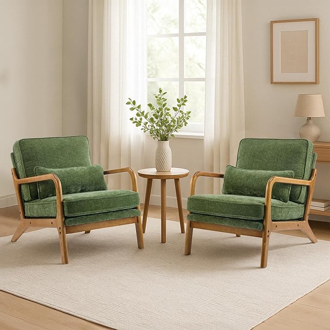 Karl home Mid Century Modern Accent Chair with Lumbar Pillow &amp Oak Arms – Plush Chenille Living Room Chair for Bedroom Lounge (Olive Green)