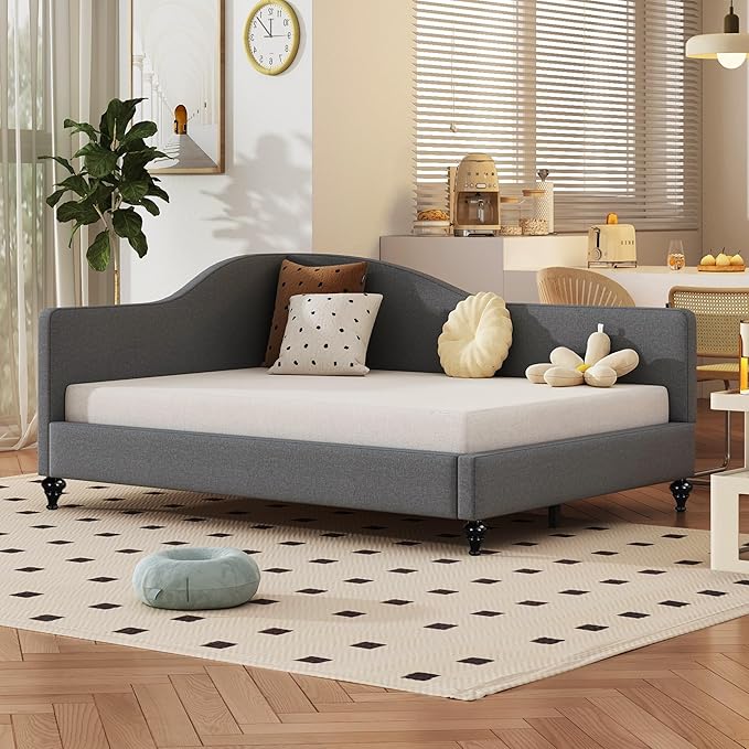 Merax Full Size Bed Frame Daybed L-Shaped Linen Day Bed Corner Sofa with Solid Wood Legs for Living Room Guest Room No Box Spring Needed Grey