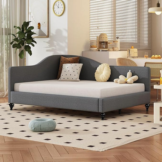 Merax Full Size Bed Frame Daybed L-Shaped Linen Day Bed Corner Sofa with Solid Wood Legs for Living Room Guest Room No Box Spring Needed Grey
