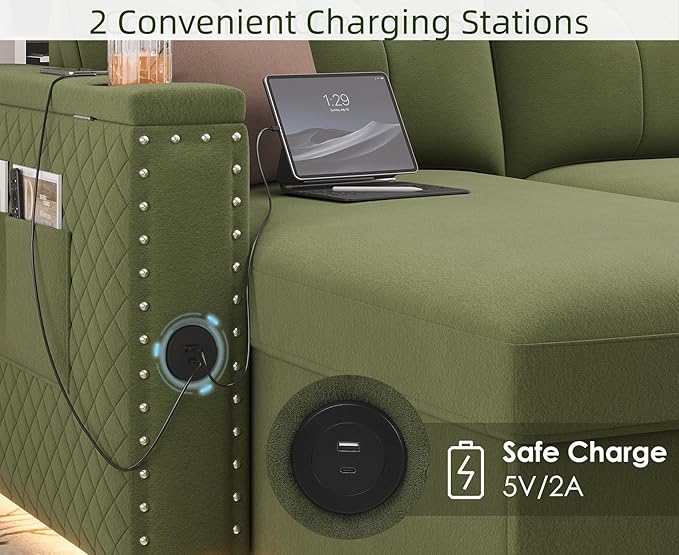 HIFIT 106 Sectional Couches for Living Room- Pull Out Sleeper Sofa Couch w/Storage ChaiseStorage ArmrestLED Light&ampUSB Port&ampCupholderModern Velvet U Shaped Home Sofa Living Room Furniture S