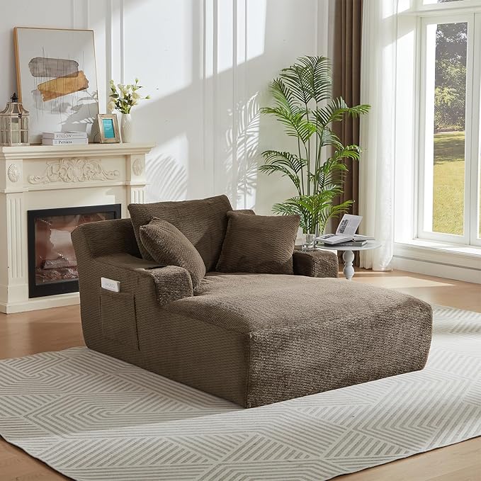 Oversized Chaise Lounge Chair - Upholstered Couch Cloud Boneless ChairDeep Seat Sleeper Sofa with Cup Holders and Side PocketsComfy Reading Chair for Living Room (Dark Brown)