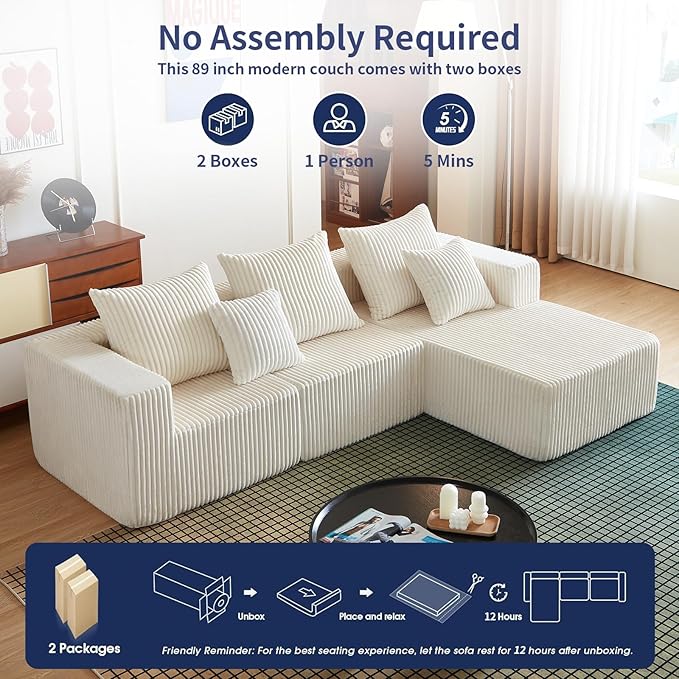 102 Sectional Couches for Living RoomBoneless Cloud CouchL-Shaped Sofa with Oversized Deep SeatComfy Couch for ApartmentCompressed Sofa in a BoxNo Assembly Required(CorduroyBeige)