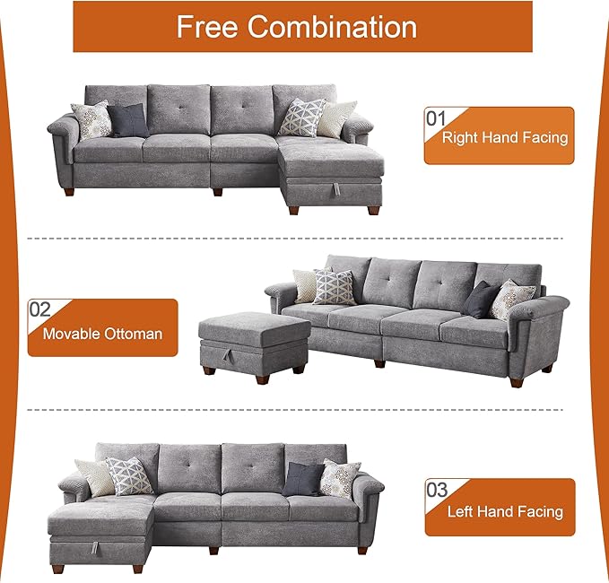 4-Seat Sectional Couches for Living Room Bedroom Office with Storage L Shape Convertible Sectional Sofa Couch with Ottoman and Cup Holders Light Grey