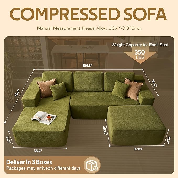 104 L-Shape Modular Sectional Sofa CouchComfy Upholstered Cloud Couch for Living RoomModern Minimalist CouchesDeep SeatNo Assembly Required (GreenCloud Velvet Left Facing Chaise w/Ottoman)