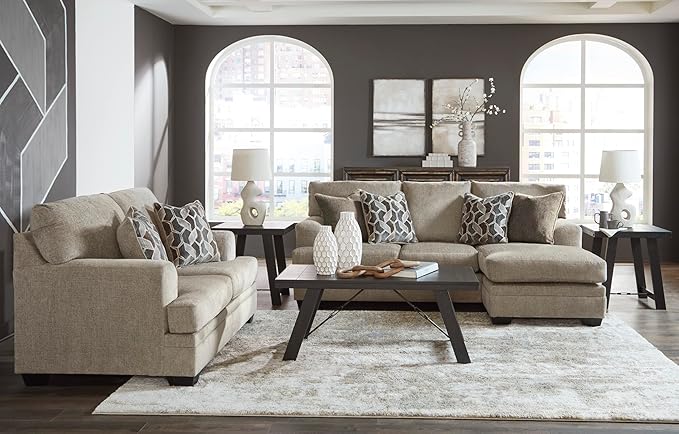 Signature Design by Ashley Stonemeade Casual Right-Arm Facing Sofa Chaise with 4 Toss Pillows Light Brown