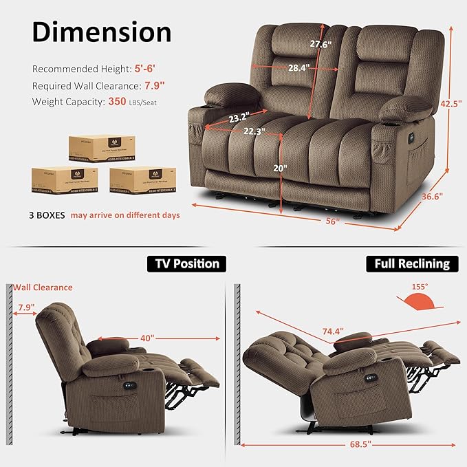 MCombo 55.9 Zero Gravity Power Loveseat Recliner with Heat and Vibration Massage Reclining Loveseat Sofa with USB Ports Cup Holders for Living Room Fabric PR648SET (Dark Brown)