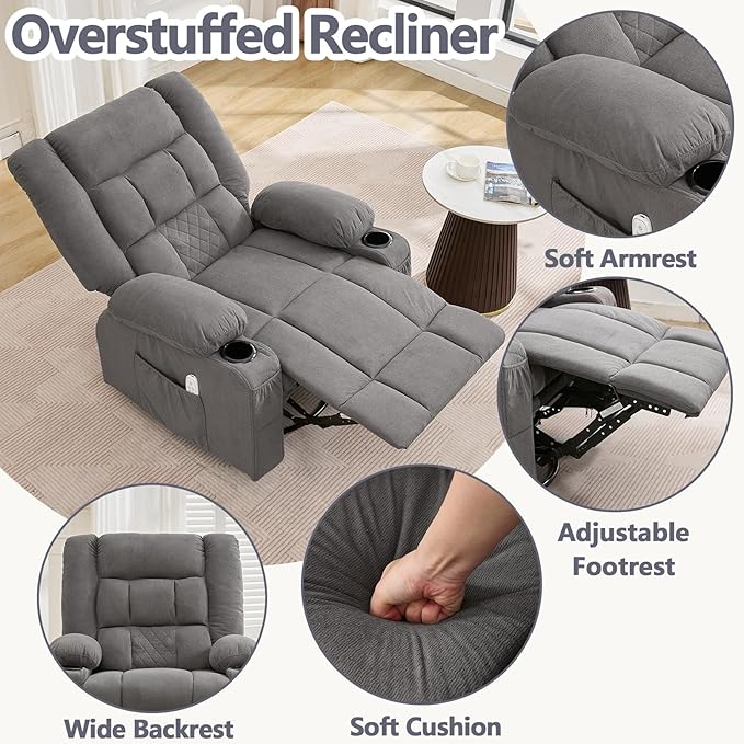 Oversized Swivel Rocker Recliner with Throw Pillow for Adult Kneading Massage Recliners Chair with Heat | USB | Cup Holders Gray Nursery Recliner Chair for Living Room Bedroom (Normal Grey)