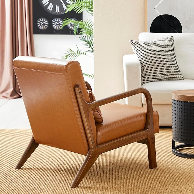 Glitzhome 2 Set Mid Century Yellowish Brown Accent Armchair Single Reading Armchair PU Leather Lounge Chair with Walnut Ruberwood Frame