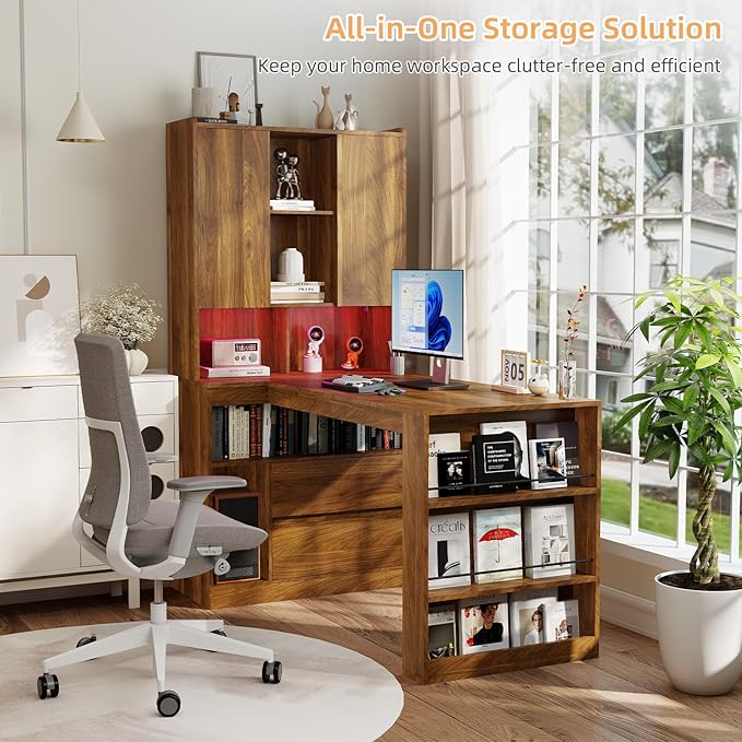 L Shaped Desk with Hutch and 2 Drawers Computer Desk with USB Ports Power Outlets &amp LED Light Wood Corner Computer Desk with Storage Shelves for Home Office Brown