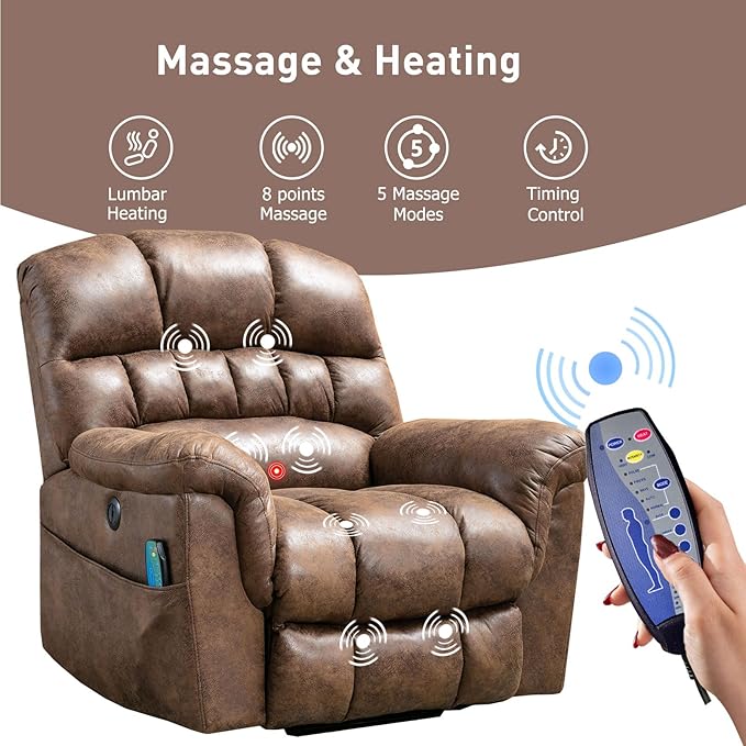 Bonzy Home Power Lift Chairs Recliner with Massage and Heating Electric Recliner Chair with 24 Wide Seat for Big People Full Padded Backrest Waterproof Faux Leather USB Charging Ports Brown