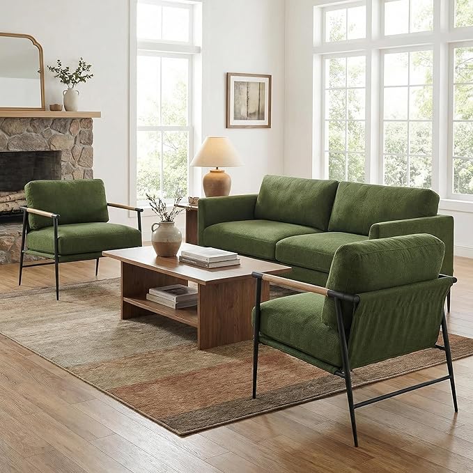 DUOMAY Green Modern Accent Chair Soft Linen Fabric Armchair Sofa Lounge Bedroom Chair with Metal Leg for Living Room Reading Office