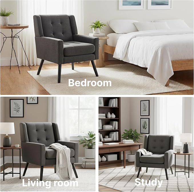 Mid-Century Modern Accent Chair Plush Linen Fabric with Button Tufted High Back &amp 5 Thick Cushion High Comfort Reading Chair for Living Room Bedroom Office (Dark Gray)