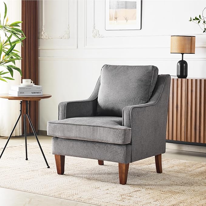 VINGLI Mid-Century Accent Chairs Light Grey Upholstered Armchair Comfy Sofa Chair Reading Chair High Back Living Room Bedroom Furniture for Apartment