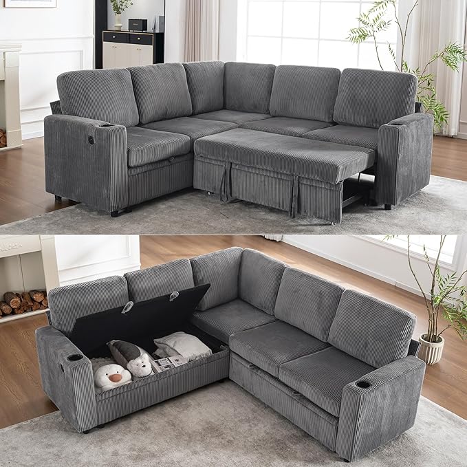 83 Modular Sectional Sleeper Sofa with Pull Out Bed Plush Corduroy L-Shaped Corner Couch with Storage USB Charger Cup Holders 5-Seater Sectional Couches for Living Room Apartment Grey