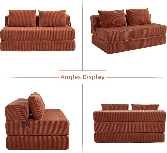 GNIXUU Fold Out Couch 3-in-1 Convertible Futon Sofa Bed with 2 Pillows Corduroy Foldable Floor Chair Boneless Loveseat Couches for Living Room Bedroom Small Spaces Orange