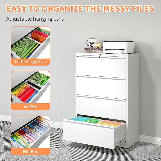 4 Drawer Small File Cabinet with Lock Locking Filing Cabinet for Home Office Under Desk Storage Cabinet Organizer with DrawersWhite