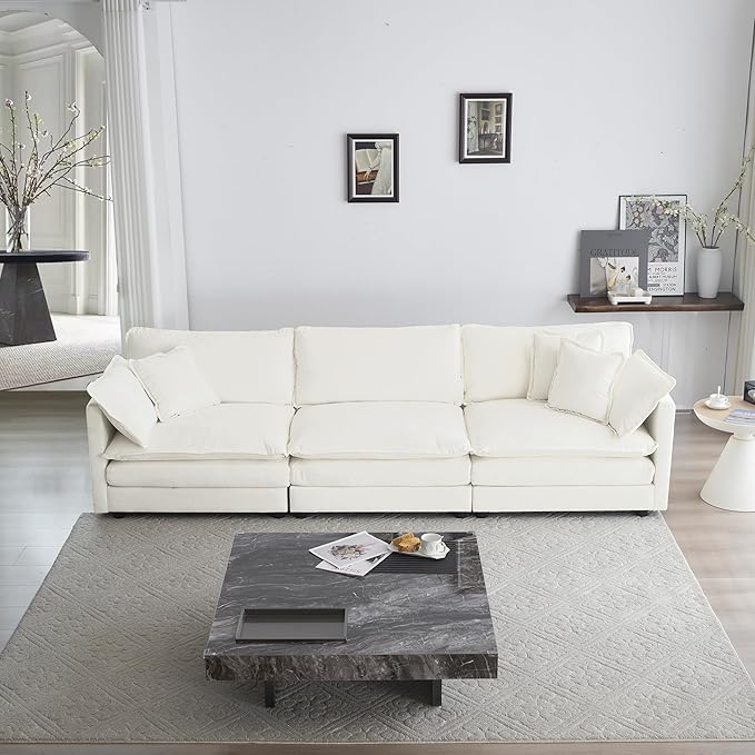WILLIAMSPACE 111.5 Sectional Sofa Couch for Living Room Mid-Century Modern Upholstered 3 Seater Sofa with 5 Toss Pillows Deep Seat 4 Seat Sofa Furniture for Apartment Chenille Fabric (Cream White)