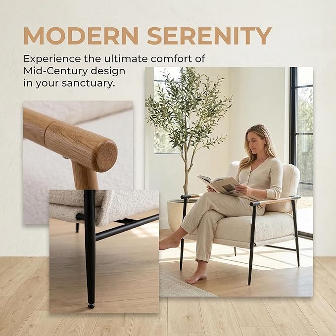 DUOMAY Mid-Century Modern Accent Chair Comfy Sherpa Sofa Lounge Chair Reading Corner Chair for Living Room Bedroom Office Mid-Back Arm Chair with Black Metal Leg White