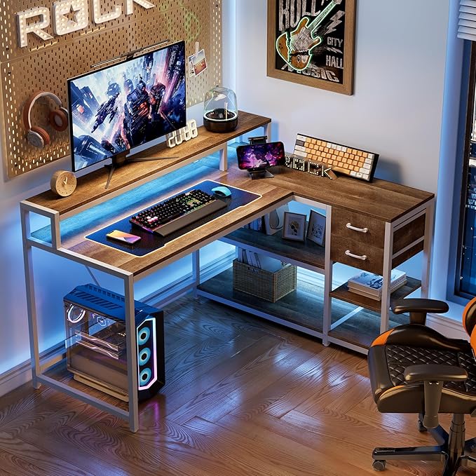 LITTLE TREE 55-Inch L-Shaped Computer Desk Reversible Computer Desk with Drawers and Storage Shelves Corner Desk Gaming Desk Work Desk for Home Office Walnut