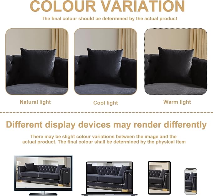 84 Chesterfield 3-Seater Black Velvet Combination Sofa 2 Cushion Classic 6.5 Rolled Arm Modern Couch Suitable for Living Room