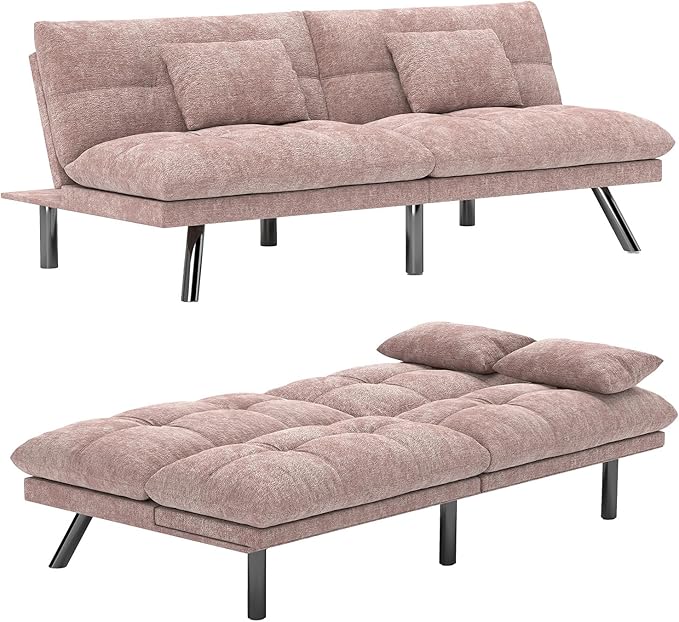 Futon Sofa Bed Convertible 70 inch Solid Wood Couch for Living Room Chenille Fabric 2 Cushions (Pink)