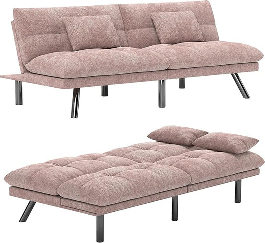 Futon Sofa Bed Convertible 70 inch Solid Wood Couch for Living Room Chenille Fabric 2 Cushions (Pink)