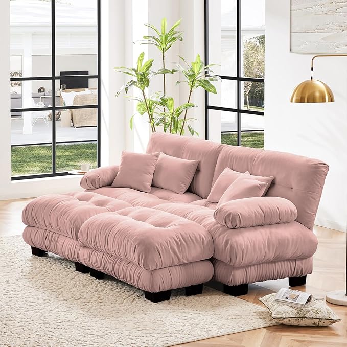 94.4 Loveseat Sofa 2 Seater Modular Sectional Sofa Pink Large U Shaped Sectional Couches Fluffy Chenille Cloud Couch with Ottoman Deep Seat for Living Room