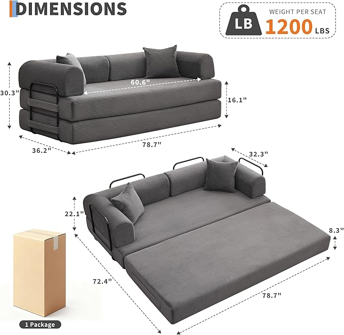 78'' Convertible Sleeper Sofa Bed4 in 1 Corduroy Boneless Couch with PillowsFolding Sectional Couch with Pull Out BedFloor Sofa Loveseat for Living RoomBedroomNo Assembly RequiredGray