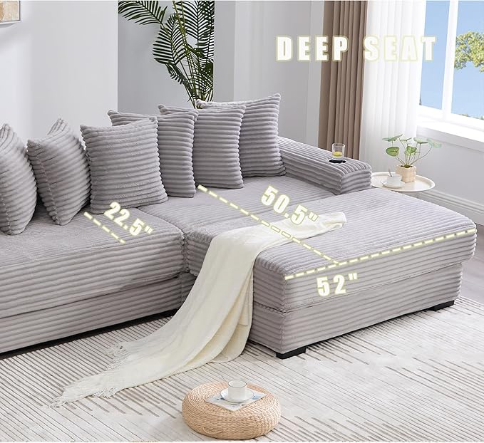 Modular Sectional Sofa Couch 110.75 Convertible Sleeper Sofa Bed with Movable Ottoman &amp Cup Holder for Living Room | L Shaped Couch | Pull Out Couch Bed | Plush Corduroy Fabric Gray