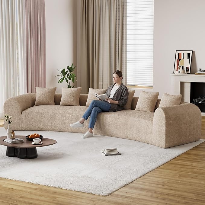 157 Oversized Curved Sofa Sectional Couch Chenille Cloud Couches Wide Armrest Deep Seat 6-Seater High Density Foam Sofas with 6 Pillows for Living Room No Assembly Needed Camel