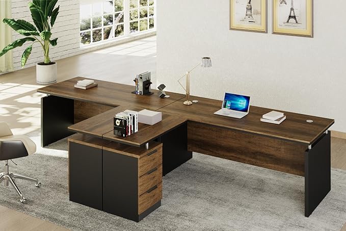 63 Inch L-Shaped Executive Desk Set of 2 Industrial Modern Wood Office Desk with 3 Drawers Built-in Cable Management &amp Power Outlet Real Wood Finish Reversible Left/Right Return Home Workstati