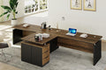 63 Inch L-Shaped Executive Desk Set of 2 Industrial Modern Wood Office Desk with 3 Drawers Built-in Cable Management &amp Power Outlet Real Wood Finish Reversible Left/Right Return Home Workstati